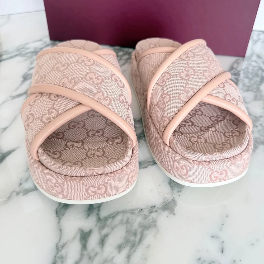 Gucci GG Canvas Platform Slide Sandals Light Pink Monogram Leather Trim 37